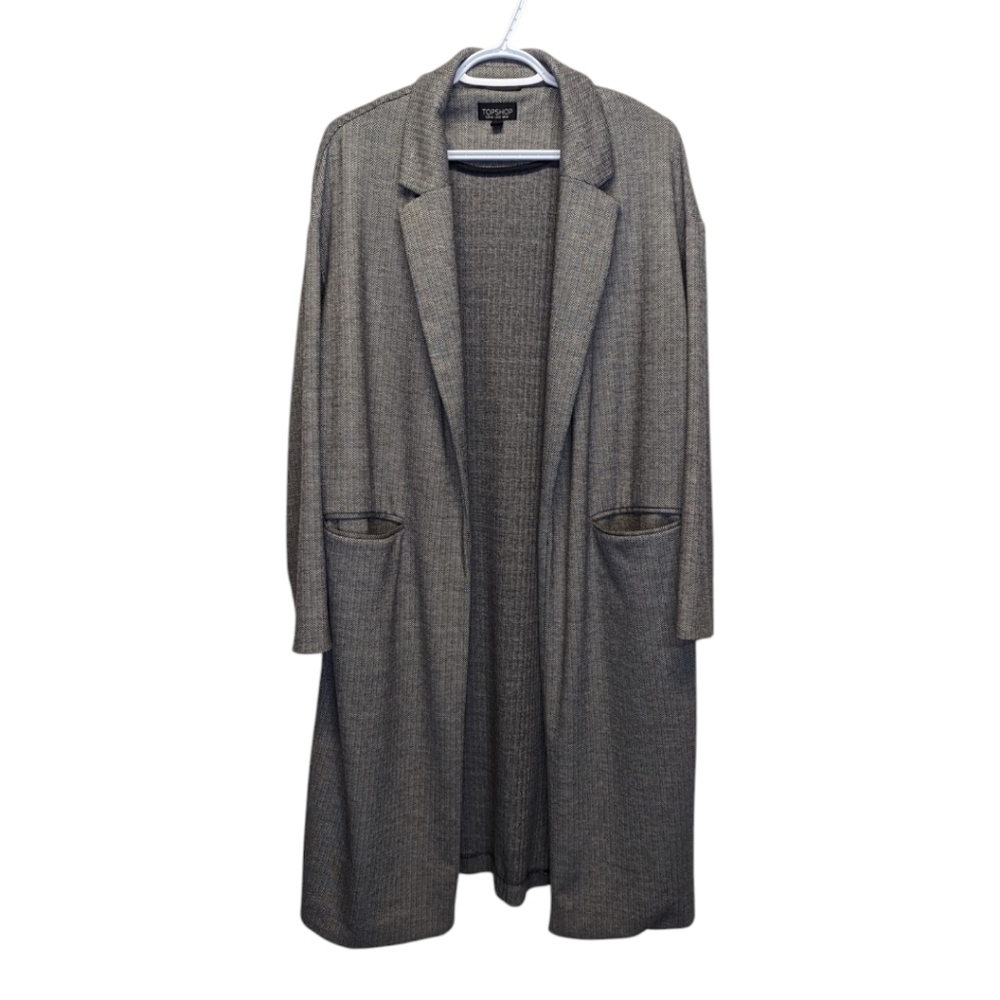 Topshop Oversized Blazer Coat Midi Length Gray Herringbone Size 10